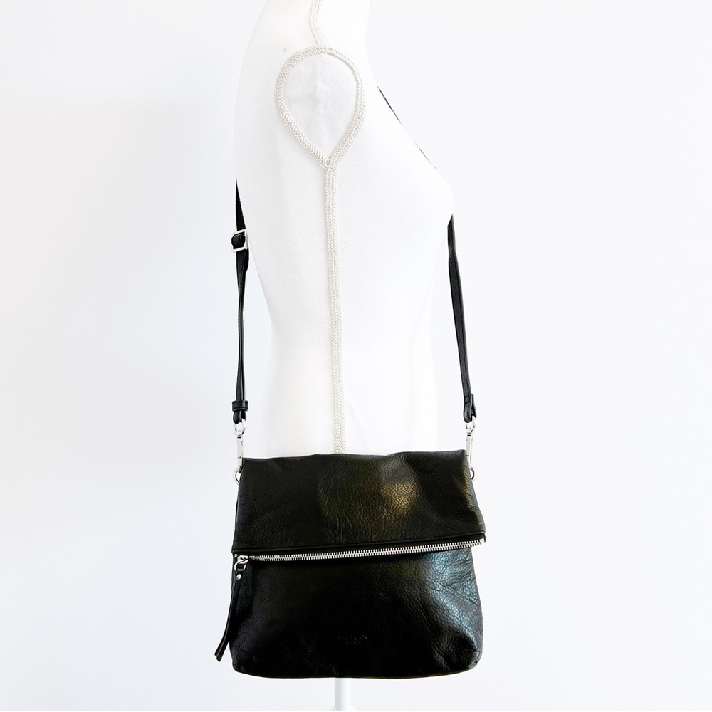 Margot Black Leather Handbag, Foldover Zip Top Crossbody Shoulder Bag Purse